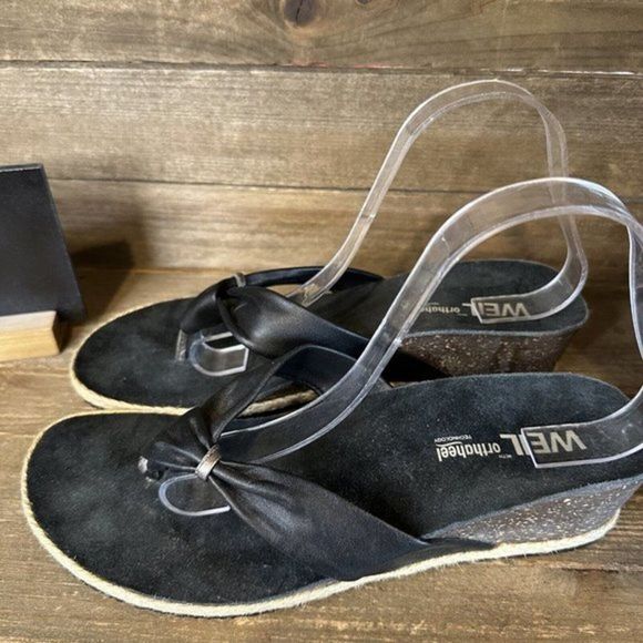 Womens Weil Orthoheel Wedge Heeled Black‎ Leather Flip Flops Sandals Size 10 B - Picture 2 of 6